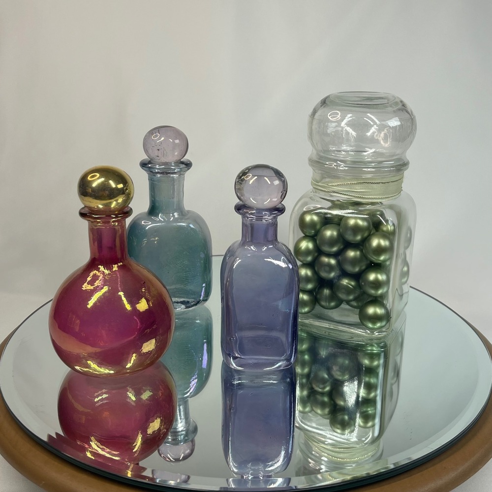 Vintage Iridescent Pastel Glass Vanity Bottles & Sealed Bath Oil Beads 4pc Set